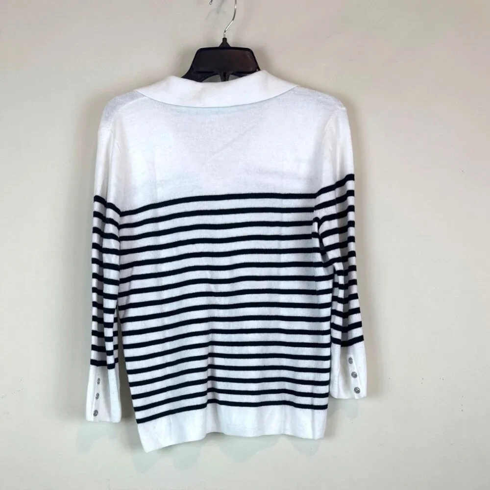 Talbots white collared polo sweater black stripes button cuffs nautical preppy M - Picture 2 of 10